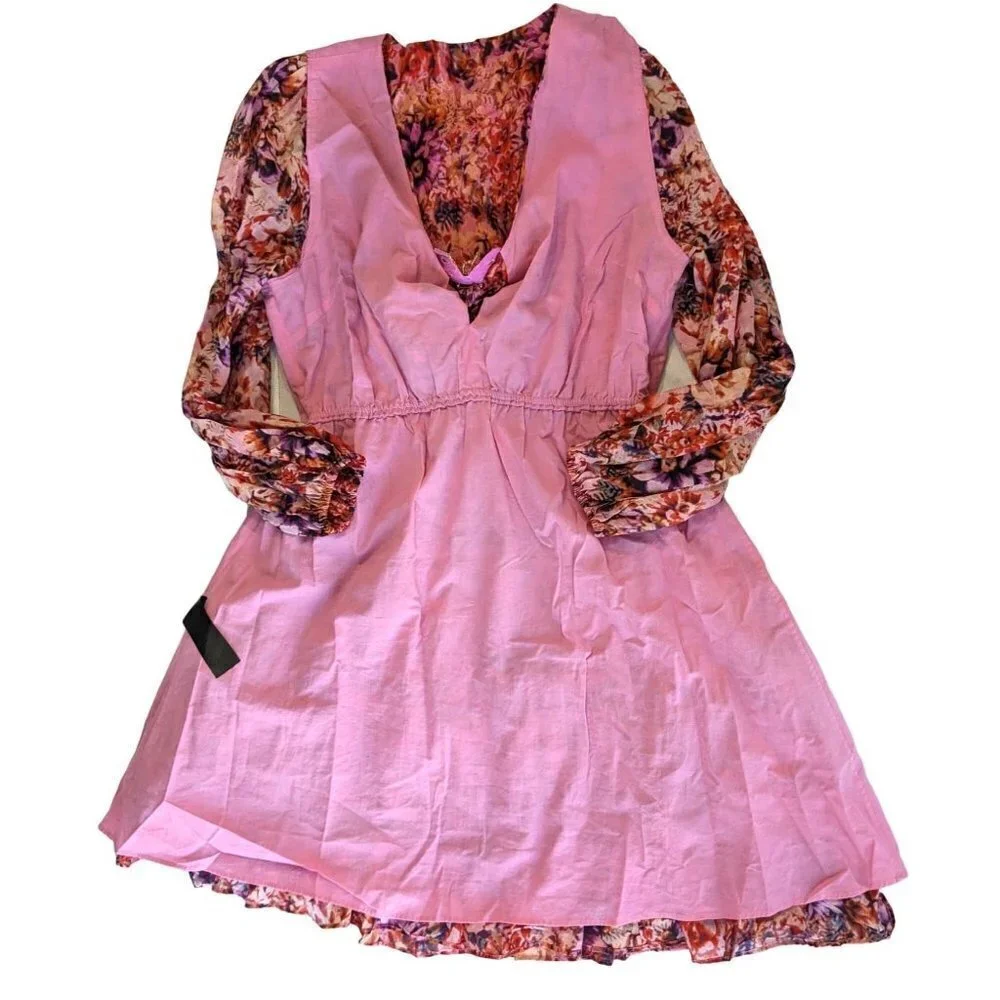 UNGARO Tara Floral Silk Blend Mini Dress PinkPunch Multi w/Beaded Butterfly Sz L - Picture 8 of 10
